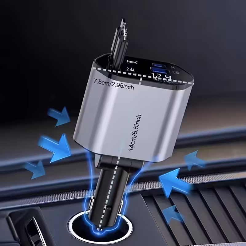 4 in 1 Retractable Car Charger | Fast PD Charging